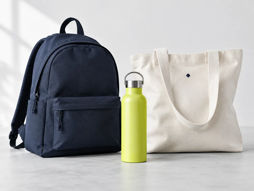 Zaino blu, borsa e borraccia lime, esempi di accessori personalizzabili