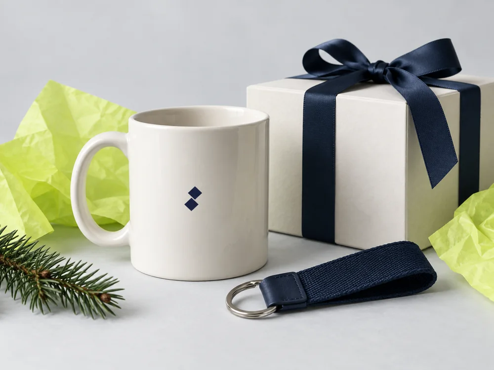 Tazza, portachiavi e confezione regalo in una composizione blu e lime