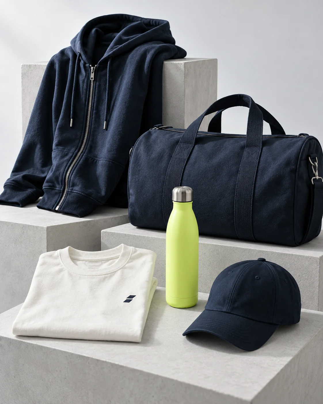 Una linea coordinata di abbigliamento e accessori nei colori blu e lime